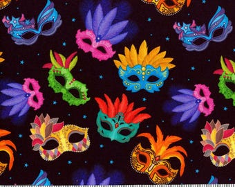 Mardi Gras masks on Black 100% Cotton Digital All Over Print
