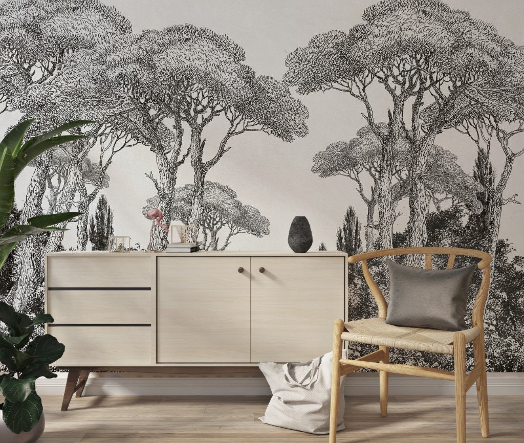 Engraved Old Black White Tree Mural Nature Wallpaper Scape Art Etsy