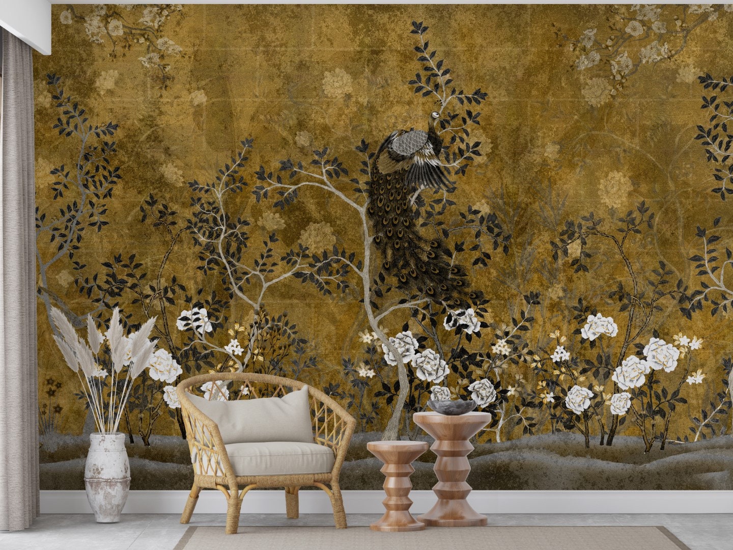 Buy Gold Effect Chinoiserie With Peacock on Floral Branches  3d Online in  India  Etsy