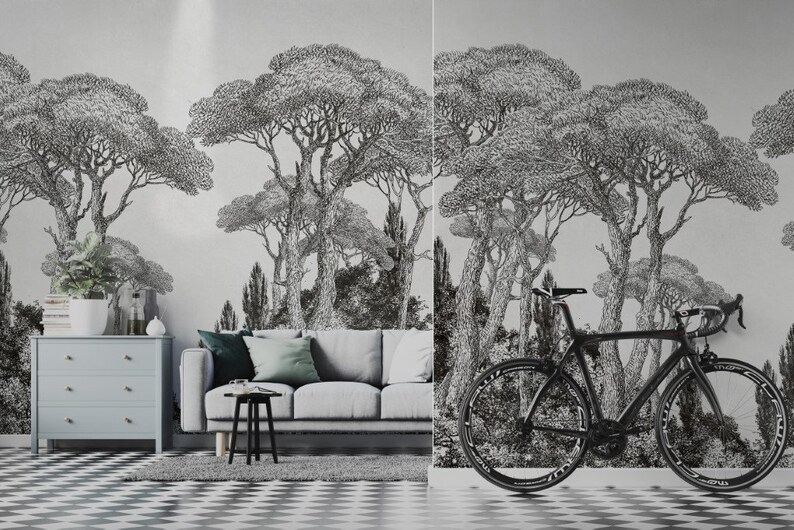 Engraved Old Black White Tree Mural Nature Wallpaper Scape Art Etsy