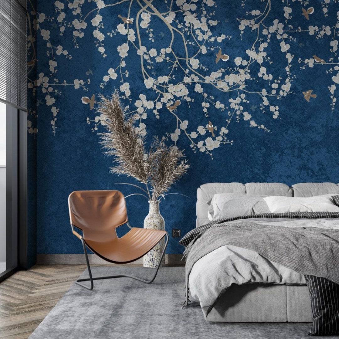 3d Dark Blue Chinoiserie Wallpaper With Birds and Hanging - Etsy