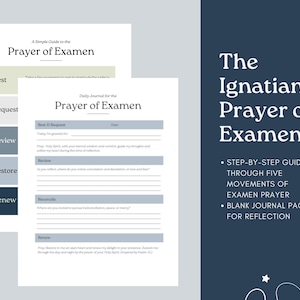 K&ouml;nnte beinhalten: Leitfaden und Journal f&uuml;r das ignatianische Gebet des Examens. Die wei&szlig;en Seiten haben schwarzen und grauen Text mit Reflexionsaufforderungen. Eine dunkelblaue Tafel auf der rechten Seite zeigt den Titel und Aufz&auml;hlungszeichen, mit Messungen in cm.