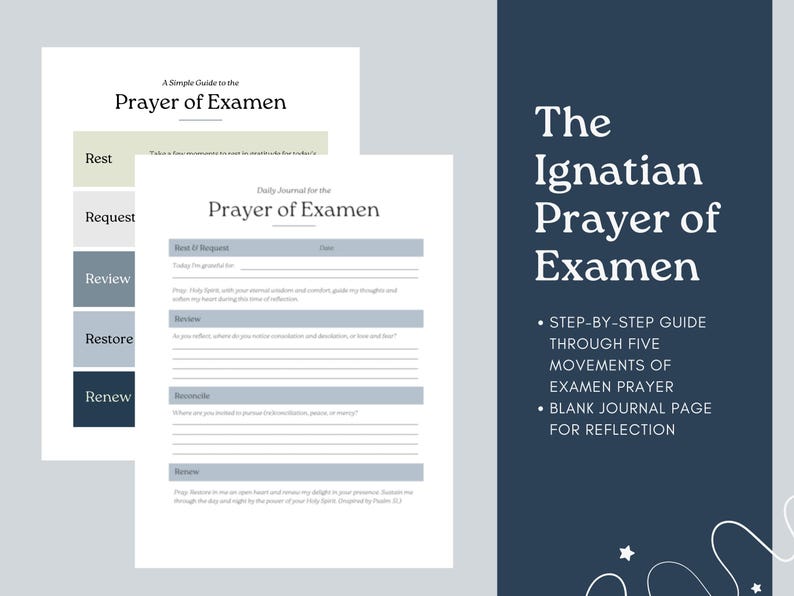 K&ouml;nnte beinhalten: Leitfaden und Journal f&uuml;r das ignatianische Gebet des Examens. Die wei&szlig;en Seiten haben schwarzen und grauen Text mit Reflexionsaufforderungen. Eine dunkelblaue Tafel auf der rechten Seite zeigt den Titel und Aufz&auml;hlungszeichen, mit Messungen in cm.