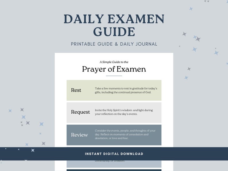 K&ouml;nnte beinhalten: Ein digitaler Leitfaden mit dem Titel "Daily Examen Guide" mit dem Untertitel "Druckbare Anleitung & t&auml;gliches Journal". Der Leitfaden beschreibt ein einfaches Gebet des Examens mit Abschnitten f&uuml;r Ruhe, Bitte und &Uuml;berpr&uuml;fung. Das Design ist minimalistisch mit einem hellblauen und wei&szlig;en Farbschema.