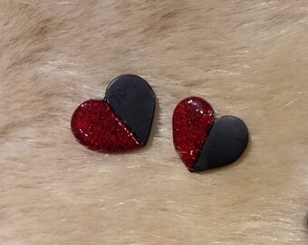 Half and Half Black and Red Glitter Queen of Hearts Valetines Earrings Minimalist Sparkle Love Heart Polymer Clay  Stud