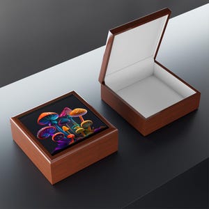 Mushroom Design Wood Jewelry Box: Colorful Boho Trinket Storage