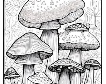 Mushroom Coloring Book, 10 Digital Coloring Book Pages, Adult Coloring Book