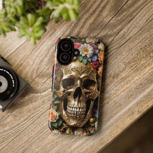 Floral Skull Phone Case - Tough Cases for the Bold, Edgy Aesthetic, Halloween, Gift for Him/Her, Skull Decor, Trendy Tech