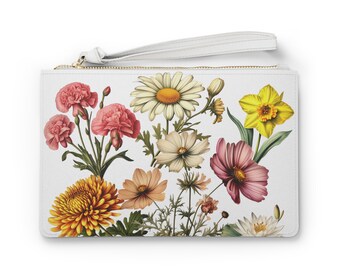 Cottage Core Florale Clutch-Tasche mit Schlaufengriff – veganes Leder, Geschenk für Blumenliebhaber, Muttertagsgeschenke, Geschenk für Sie