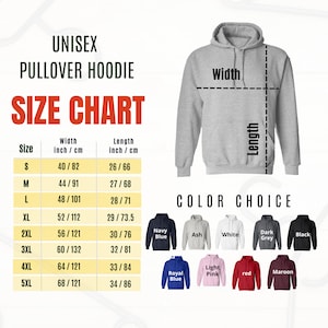 Puede incluir: Tabla de tallas de sudadera con capucha unisex con medidas en pulgadas y cent&iacute;metros. La tabla incluye tallas de la S a la 5XL, con dimensiones de ancho y largo. Las opciones de color incluyen azul marino, ceniza, blanco, gris oscuro, negro, azul real, rosa claro, rojo y granate.
