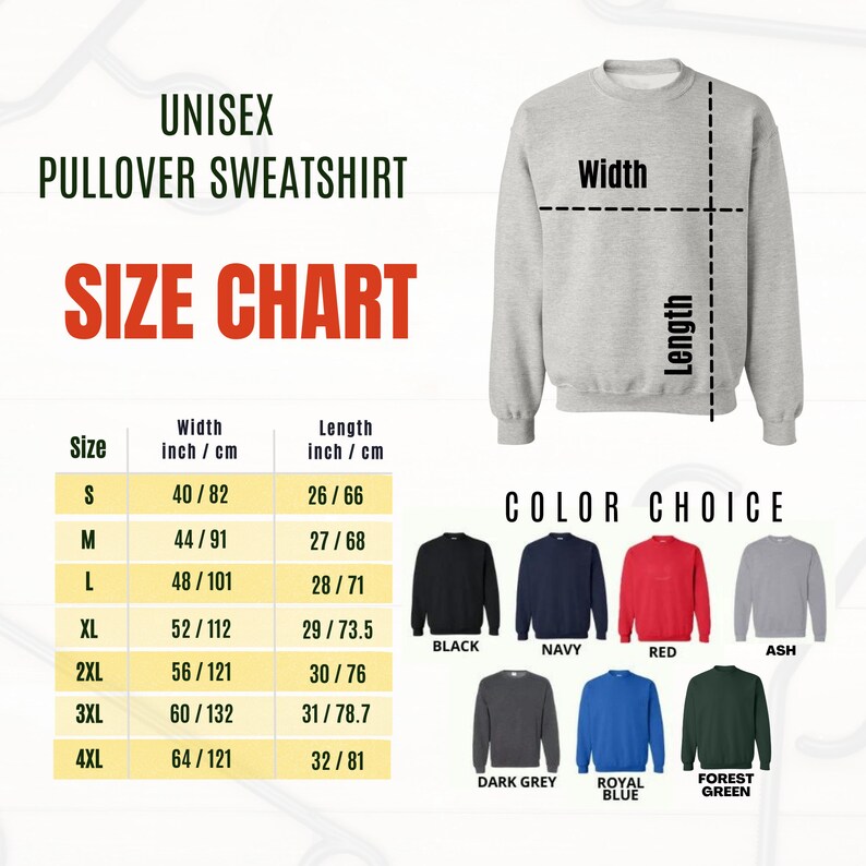 Puede incluir: Una sudadera unisex gris con una tabla de tallas y opciones de color. La tabla de tallas muestra medidas en pulgadas y cent&iacute;metros, con tallas que van de la S a la 4XL. Las opciones de color incluyen negro, azul marino, rojo, ceniza, gris oscuro, azul real y verde bosque.