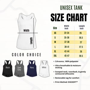 Puede incluir: Tabla de tallas de camisetas sin mangas unisex con opciones de color. La tabla muestra tallas XS a 2XL, con medidas de ancho y largo en pulgadas. Las opciones de color incluyen camisetas sin mangas negras, gris oscuro, azul marino y blancas. Cuello redondo y espalda nadadora.