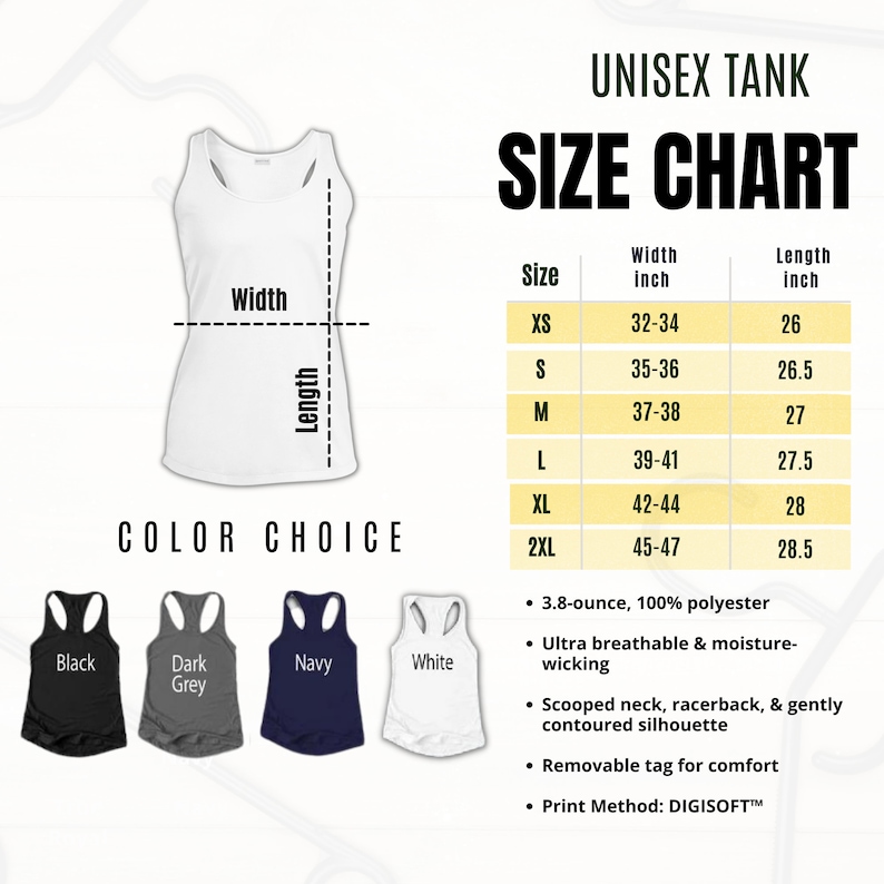 Puede incluir: Tabla de tallas de camisetas sin mangas unisex con opciones de color. La tabla muestra tallas XS a 2XL, con medidas de ancho y largo en pulgadas. Las opciones de color incluyen camisetas sin mangas negras, gris oscuro, azul marino y blancas. Cuello redondo y espalda nadadora.