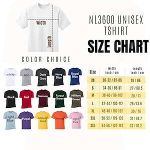 Puede incluir: Imagen de una camiseta blanca con una tabla de tallas y opciones de color. La tabla muestra medidas en pulgadas y cent&iacute;metros para tallas de la XS a la 3XL. Las opciones de color incluyen blanco, gris ceniza, negro, rojo y m&aacute;s.