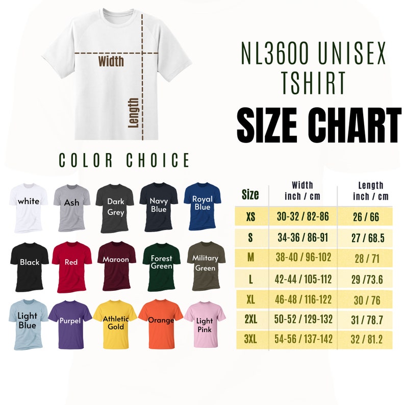 Puede incluir: Imagen de una camiseta blanca con una tabla de tallas y opciones de color. La tabla muestra medidas en pulgadas y cent&iacute;metros para tallas de la XS a la 3XL. Las opciones de color incluyen blanco, gris ceniza, negro, rojo y m&aacute;s.