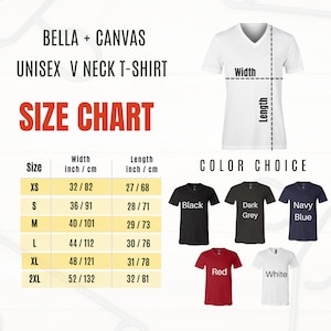 Puede incluir: Una camiseta unisex con cuello en V blanca con una tabla de tallas y opciones de color. La tabla de tallas muestra medidas en pulgadas y cent&iacute;metros, con tallas que van de XS a 2XL. Las opciones de color incluyen negro, gris oscuro, azul marino, rojo y blanco.