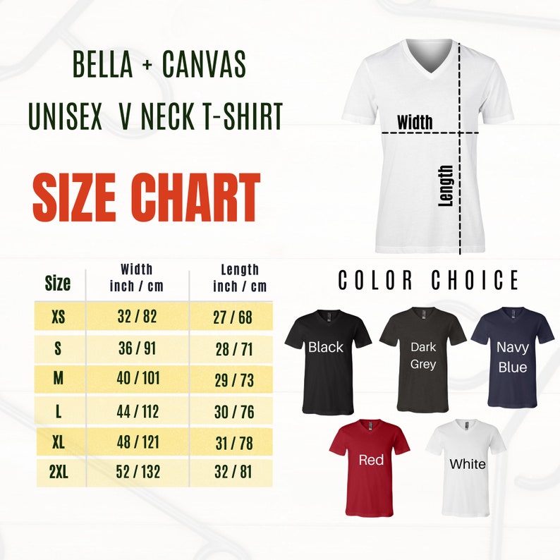 Puede incluir: Una camiseta unisex con cuello en V blanca con una tabla de tallas y opciones de color. La tabla de tallas muestra medidas en pulgadas y cent&iacute;metros, con tallas que van de XS a 2XL. Las opciones de color incluyen negro, gris oscuro, azul marino, rojo y blanco.