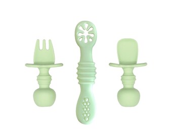 Ergonomisches Baby-Lernbesteck - Löffel und Gabel für Baby - Babylöffel, Babygabel - Abgedecktes 1. Alter