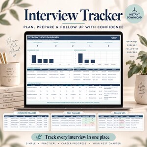 Peut inclure: Un tableau de bord numérique de suivi d'entretien affiché sur un écran d'ordinateur, comprenant des graphiques sur les étapes et résultats, un calendrier des entretiens et une liste de préparation, avec trois tableaux récapitulatifs.