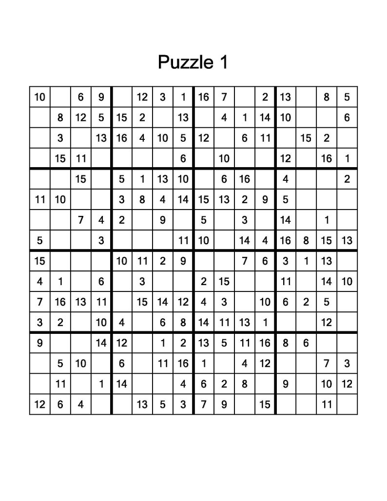 Bundle of 1000 Sudoku 16x16 Printable PDF Easy, Medium and Hard Sudoku