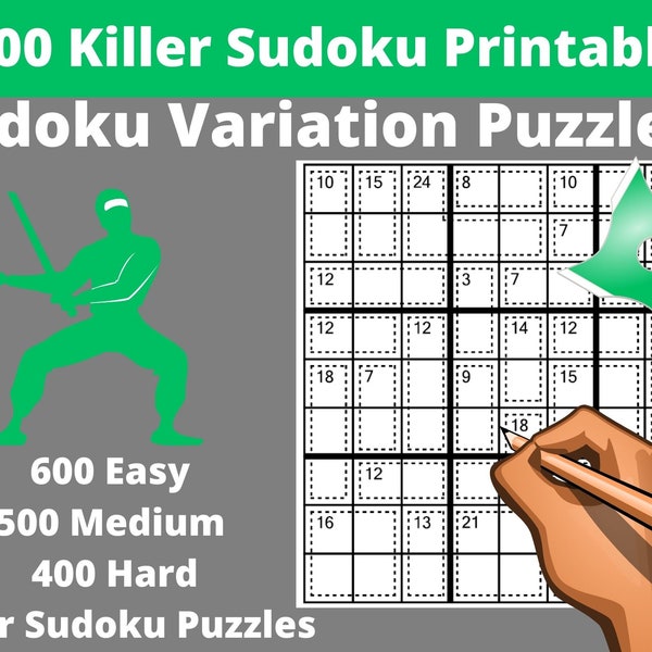 Easy, Medium and Hard Killer Sudoku Puzzles Printable PDF - Bundle of 1500 Sudoku Variation Puzzles with Answers - Instant Download