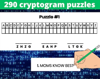290 Crypto Puzzles in Printable PDFs - Adult Activity Book with Cryptogram Puzzles - Instant Download - Logic Puzzle - Mind Puzzle