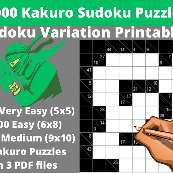 Very Easy, Easy and Medium Kakuro Sudoku Puzzles - Bundle of 1000 Printable PDF Japanese Puzzles with Answers - Instant Download