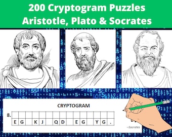200 cryptoquote-puzzels in afdrukbare pdf - activiteitenboek voor volwassenen met cryptogrampuzzels van Aristoteles, Plato en Socrates - direct downloaden