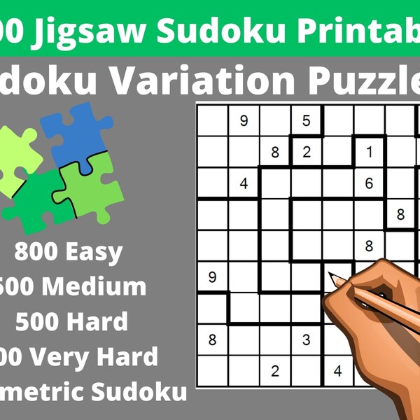 Easy, Medium and Hard Jigsaw Sudoku Puzzles Printable PDF - Bundle of 2000 Irregular Sudoku Variation Puzzles with Answers -Instant Download