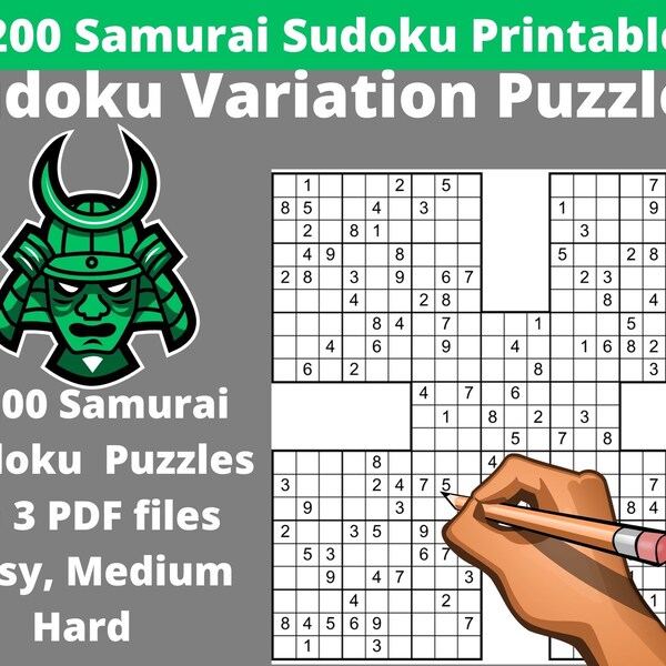 Easy, Medium and Hard Samurai Sudoku Puzzles Printable PDF - Bundle of 1200 Sudoku Variation Puzzles with Answers - Instant Download