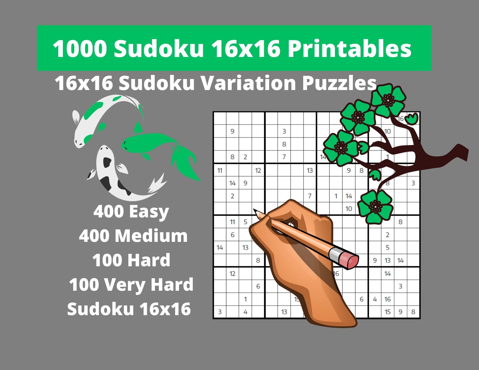 Bundle of 1000 Sudoku 16x16 Printable PDF - Easy, Medium and Hard