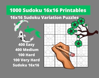 Bundle of 1000 Sudoku 16x16 Printable PDF - Easy, Medium and Hard Sudoku Variation Puzzles with Answers - Instant Download