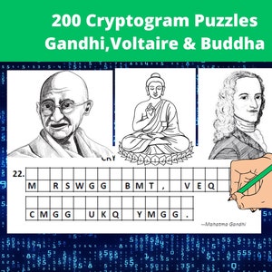 200 Cryptoquote Puzzles in Printable PDFs - Adult Activiy Book - Cryptogram Puzzles of Mahatma Gandhi, Voltaire & Buddha - Instant Download