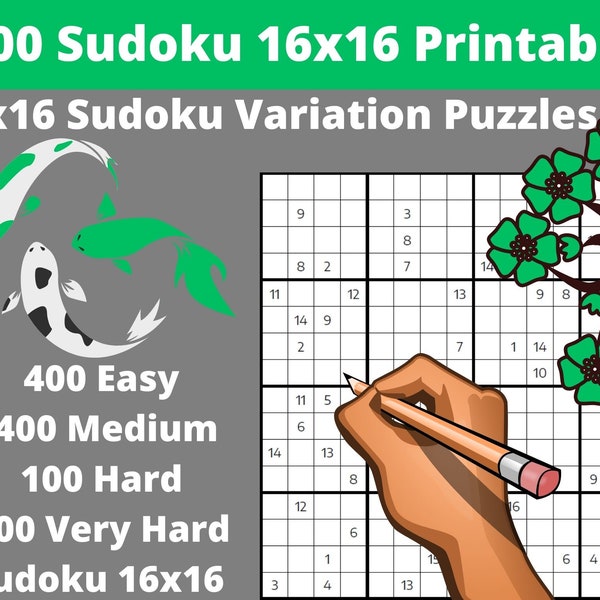 Bundle of 1000 Sudoku 16x16 Printable PDF - Easy, Medium and Hard Sudoku Variation Puzzles with Answers - Instant Download