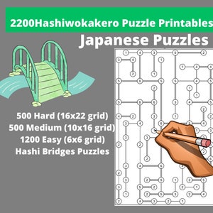 Easy, Medium and Hard Hashi Bridges Puzzles Printable PDF - Bundle of 2200 Hashiwokakero Japanese Puzzles with Answers - Instant Download