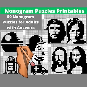 Paquete de 50 rompecabezas de nonogramas para adultos con respuestas - Descarga instantánea para imprimir