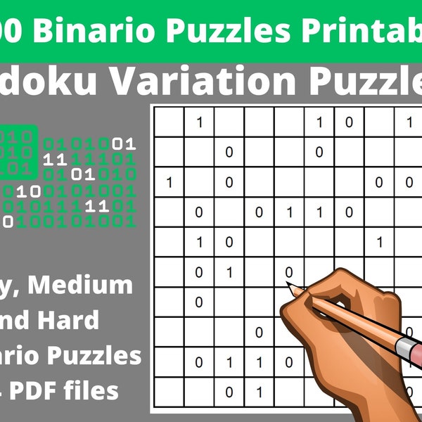 Bundle Binario Puzzles Printable PDF - 1000  Binary Puzzles to Keep Your Brain Young with Answers - Instant Download