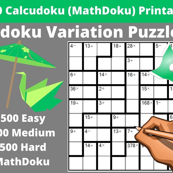 Calcudoku / Mathdoku  Printable PDF - Bundle of 1500 Easy, Medium and Hard Sudoku Variation Puzzles with Answers -  Instant Download