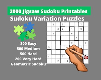 Easy, Medium and Hard Jigsaw Sudoku Puzzles Printable PDF - Bundle of 2000 Irregular Sudoku Variation Puzzles with Answers -Instant Download