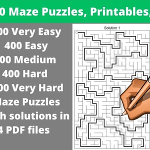 From Very Easy to Extremely Hard Maze Puzzles - Bundle of 1900 Printable Labyrinth Puzzles with Answers - Instant Download