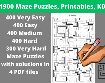 From Very Easy to Extremely Hard Maze Puzzles - Bundle of 1900 Printable Labyrinth Puzzles with Answers - Instant Download