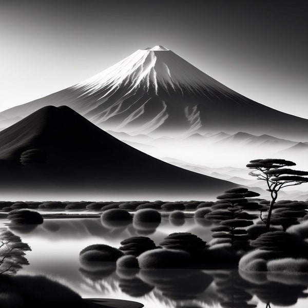 Mont Fuji in Japan in black and white.  AI-generated representation of Fujiyama volcano as a digital file
