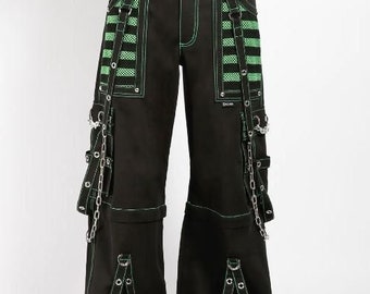 Handmade Gothic  Pants Trousers Punk Studs Chain Black Cotton  Pant with Green Color Mesh