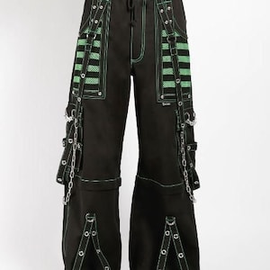 Handmade Gothic  Pants Trousers Punk Studs Chain Black Cotton  Pant with Green Color Mesh