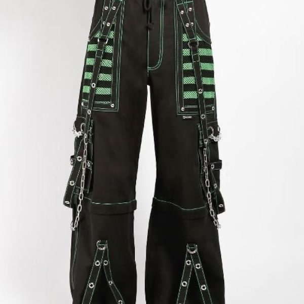 Pantalones góticos hechos a mano Pantalones Punk Studs Cadena Pantalón de algodón negro con malla de color verde