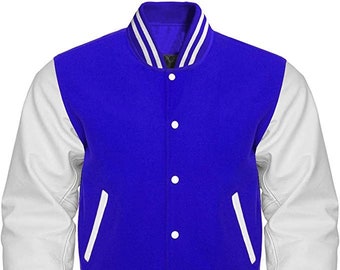 Chaqueta de béisbol Varsity Letterman College - Cuerpo de lana azul Mangas de cuero blanco Personalización disponible