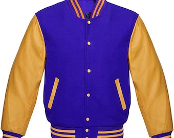 Varsity Letterman College Baseball Jacket - Blue Wool Body Yellow Leather Sleeves Personalisation Available