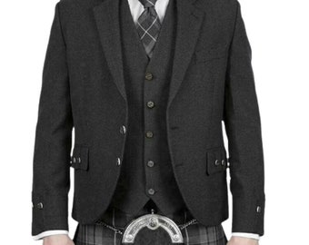 Charcoal Grey Scottish Kilt Jacket with Vest Handmade Highland Kilt Wedding Jacket with Vest