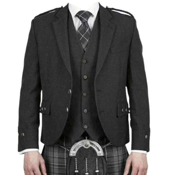 Charcoal Grey Scottish Kilt Jacket with Vest Handmade Highland Kilt Wedding Jacket with Vest