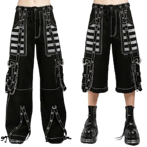 Handmade Gothic Chrome Trousers Punk Studs Chain Black Cotton Pant with White Color Mesh